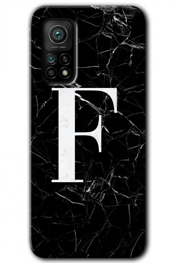 Xiaomi Mi 10T Kılıf HD Desen Baskılı Arka Kapak - Siyah Mermer Desenli F Harfi