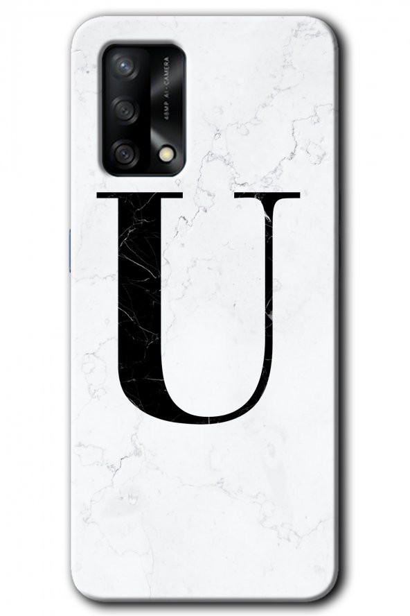 Oppo A74 Kılıf HD Desen Baskılı Arka Kapak - Beyaz Mermer Desenli U Harfi