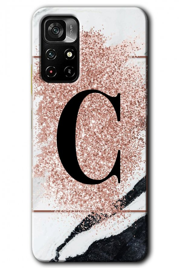 Poco M4 Pro 5G Kılıf HD Desen Baskılı Arka Kapak - Pembe Mermer Desenli C Harfi