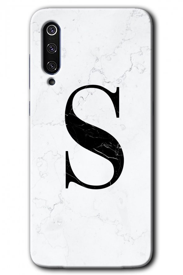 Xiaomi Mi 9 Kılıf HD Desen Baskılı Arka Kapak - Beyaz Mermer Desenli S Harfi