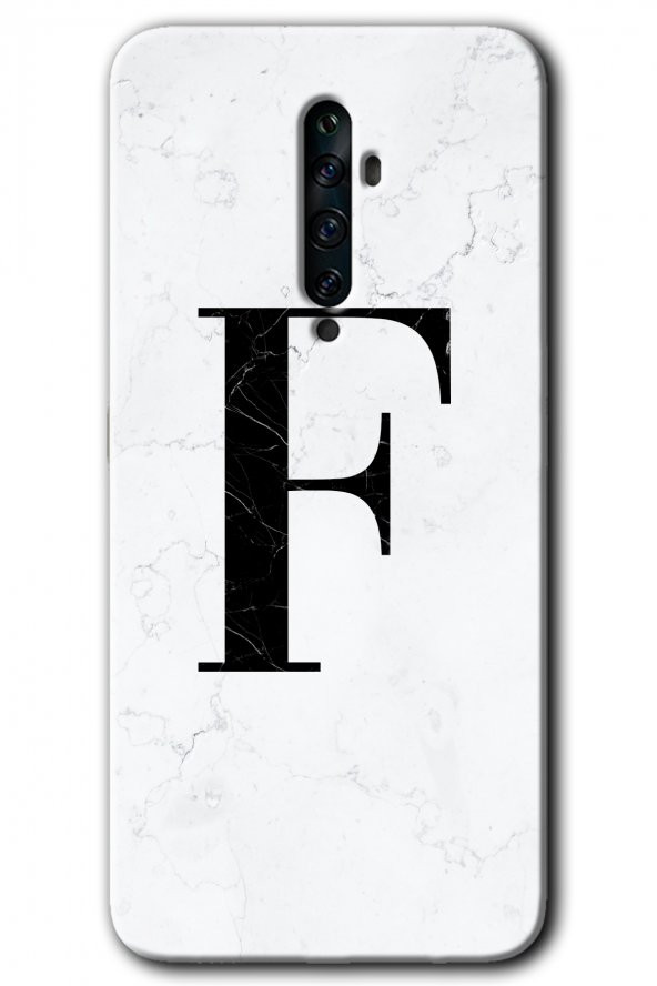 Oppo Reno 2z Kılıf HD Desen Baskılı Arka Kapak - Beyaz Mermer Desenli F Harfi