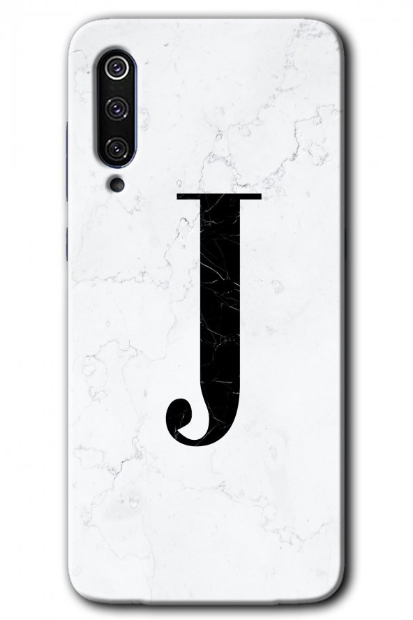 Xiaomi Mi 9 Kılıf HD Desen Baskılı Arka Kapak - Beyaz Mermer Desenli J Harfi