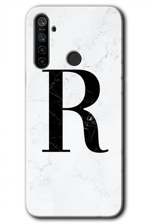 Realme 5i Kılıf HD Desen Baskılı Arka Kapak - Beyaz Mermer Desenli R Harfi - 1