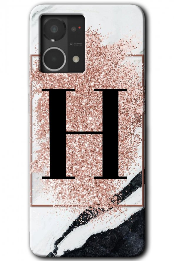 Oppo Reno 7 4G Kılıf HD Desen Baskılı Arka Kapak - Pembe Mermer Desenli H Harfi - 1