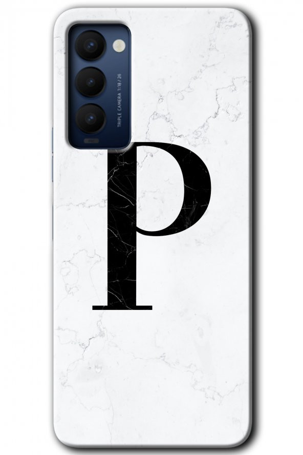 Tecno Camon 18T Kılıf HD Desen Baskılı Arka Kapak - Beyaz Mermer Desenli P Harfi
