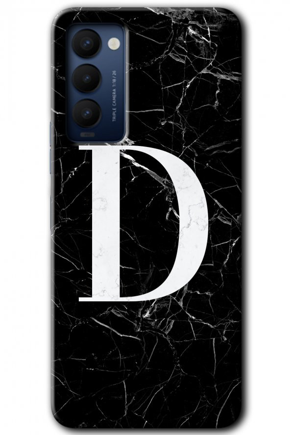 Tecno Camon 18T Kılıf HD Desen Baskılı Arka Kapak - Siyah Mermer Desenli D Harfi