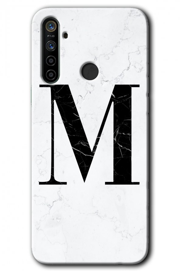 Realme 5i Kılıf HD Desen Baskılı Arka Kapak - Beyaz Mermer Desenli M Harfi - 1