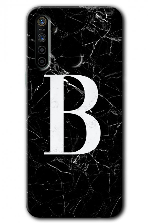Realme 5i Kılıf HD Desen Baskılı Arka Kapak - Siyah Mermer Desenli B Harfi - 1