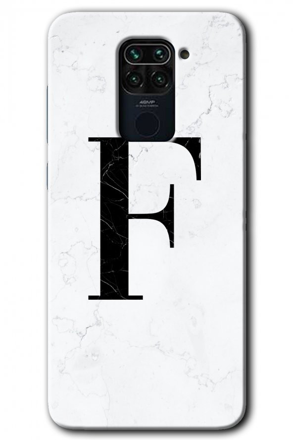 Redmi Note 9 Kılıf HD Desen Baskılı Arka Kapak - Beyaz Mermer Desenli F Harfi