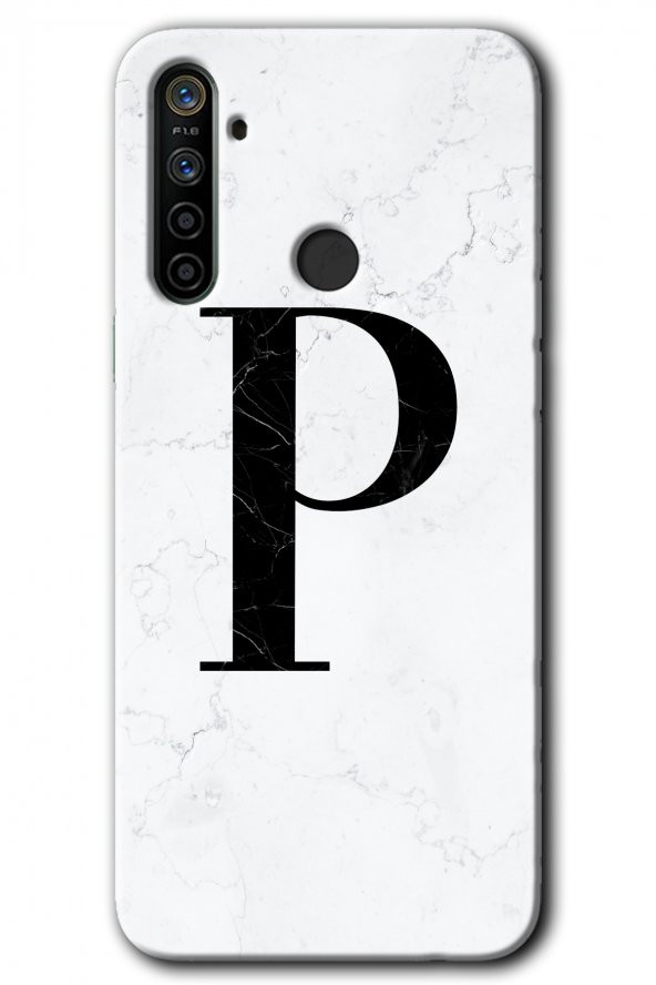 Realme 5i Kılıf HD Desen Baskılı Arka Kapak - Beyaz Mermer Desenli P Harfi - 1