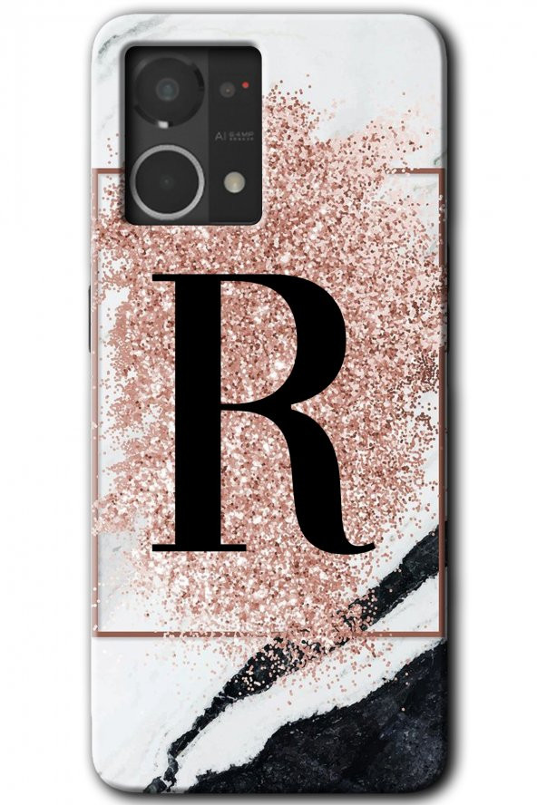 Oppo Reno 7 4G Kılıf HD Desen Baskılı Arka Kapak - Pembe Mermer Desenli R Harfi - 1