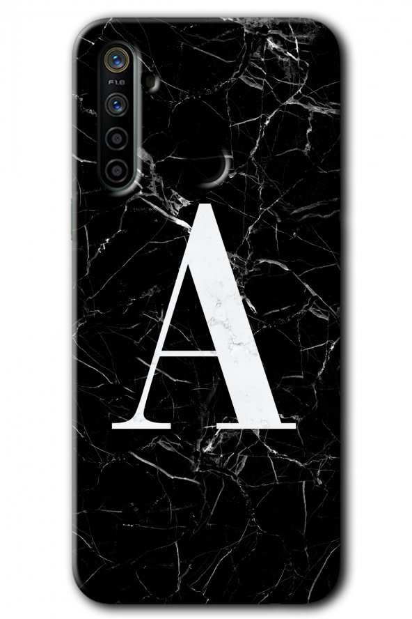 Realme 5i Kılıf HD Desen Baskılı Arka Kapak - Siyah Mermer Desenli A Harfi - 1