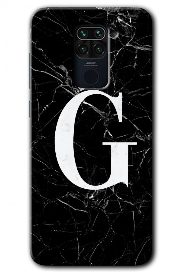 Redmi Note 9 Kılıf HD Desen Baskılı Arka Kapak - Siyah Mermer Desenli G Harfi