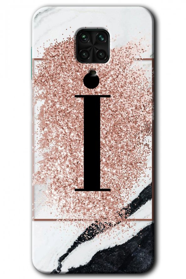 Redmi Note 9s Kılıf HD Desen Baskılı Arka Kapak - Pembe Mermer Desenli İ Harfi