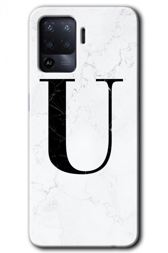 Oppo Reno 5 Lite Kılıf HD Desen Baskılı Arka Kapak - Beyaz Mermer Desenli U Harfi