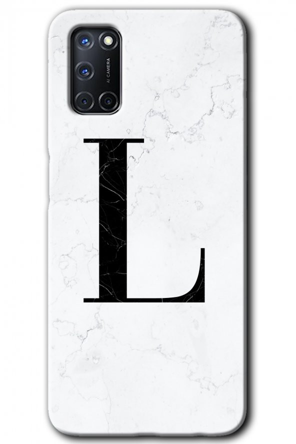 Oppo A52 Kılıf HD Desen Baskılı Arka Kapak - Beyaz Mermer Desenli L Harfi