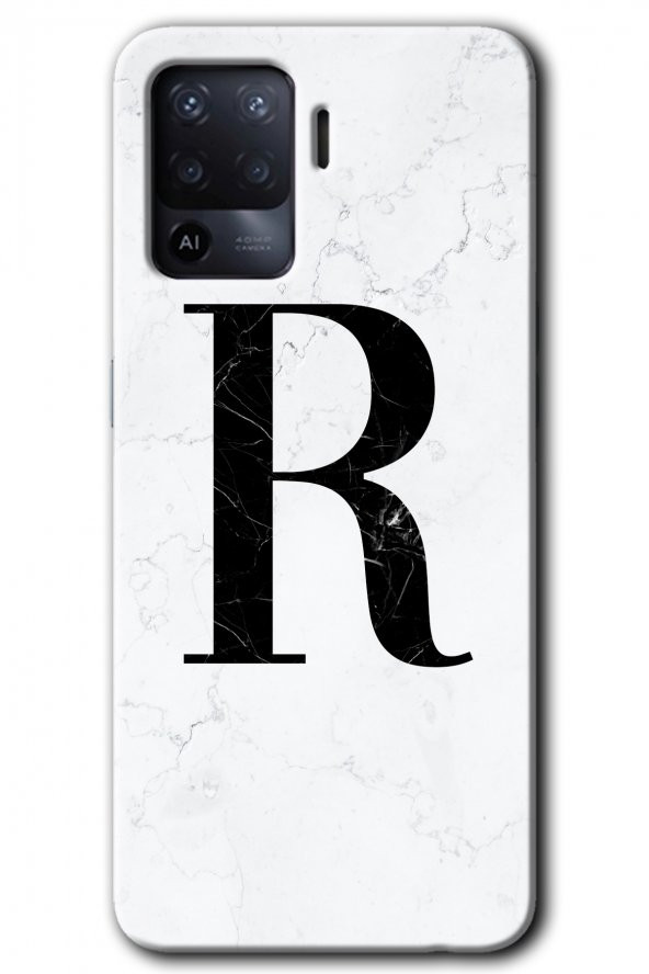 Oppo Reno 5 Lite Kılıf HD Desen Baskılı Arka Kapak - Beyaz Mermer Desenli R Harfi