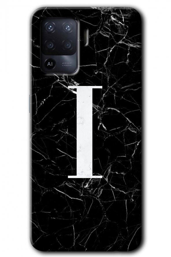 Oppo Reno 5 Lite Kılıf HD Desen Baskılı Arka Kapak - Siyah Mermer Desenli I Harfi
