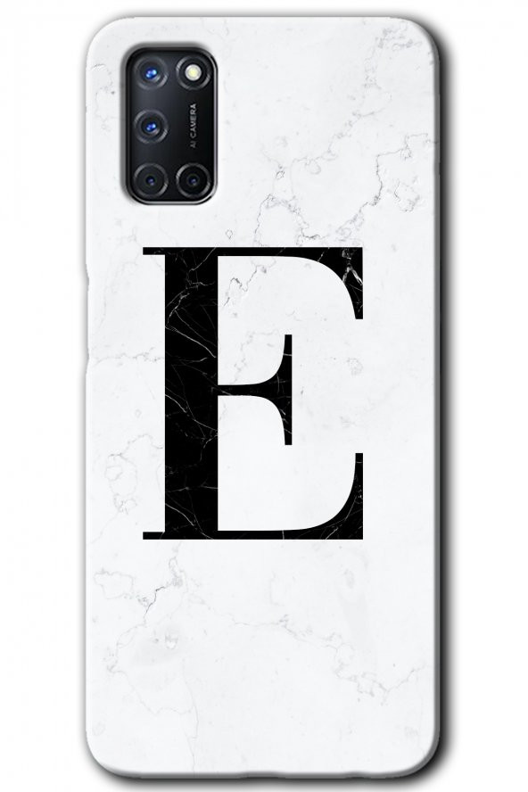 Oppo A52 Kılıf HD Desen Baskılı Arka Kapak - Beyaz Mermer Desenli E Harfi