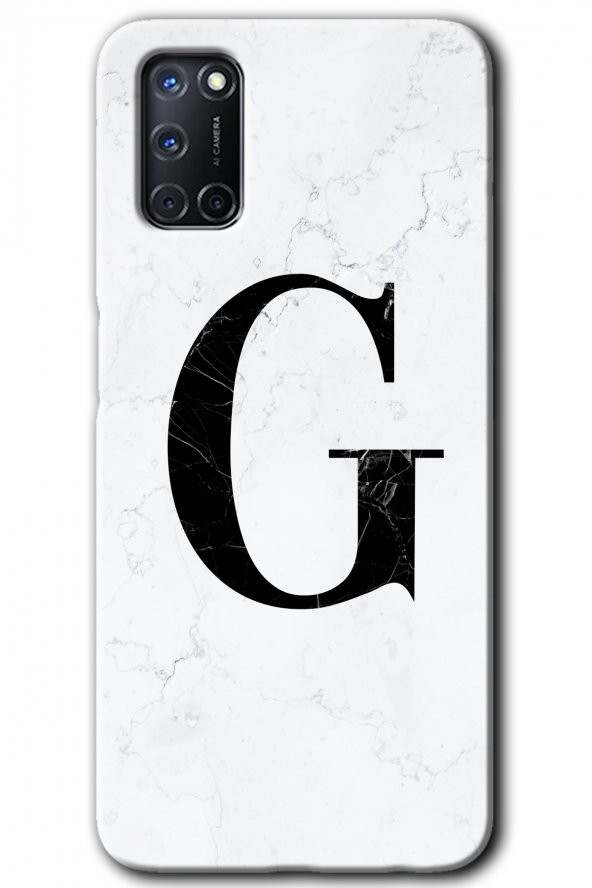 Oppo A52 Kılıf HD Desen Baskılı Arka Kapak - Beyaz Mermer Desenli G Harfi