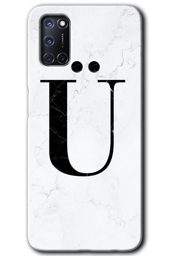 Oppo A52 Kılıf HD Desen Baskılı Arka Kapak - Beyaz Mermer Desenli Ü Harfi