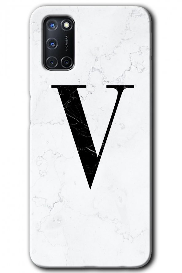 Oppo A52 Kılıf HD Desen Baskılı Arka Kapak - Beyaz Mermer Desenli V Harfi