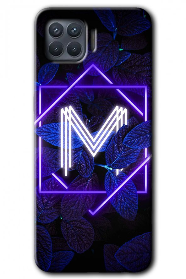 Oppo Reno 4 Lite Kılıf HD Desen Baskılı Arka Kapak - Dark Neon Yaprak M Harfi - 1