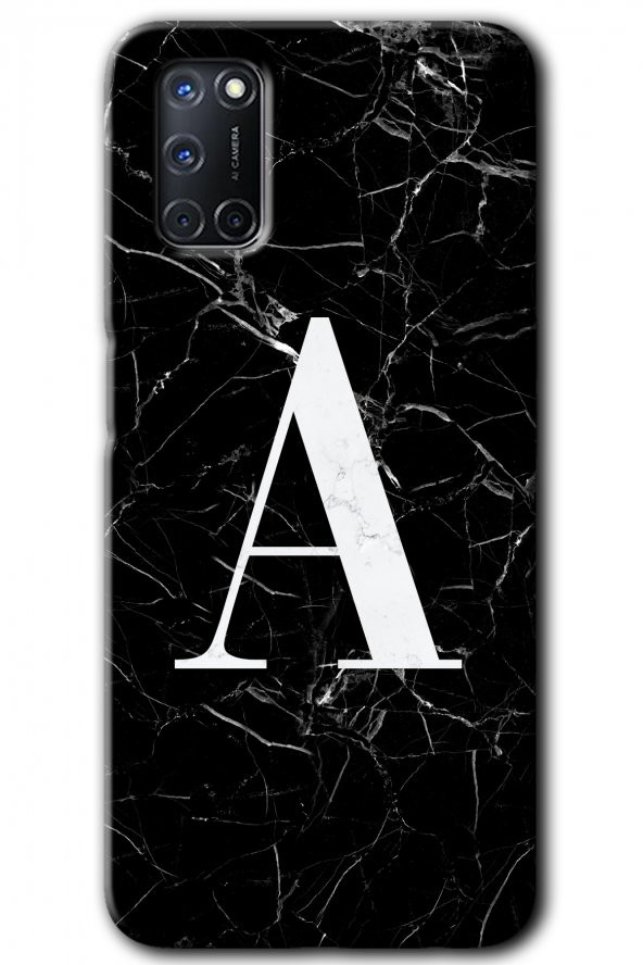 Oppo A52 Kılıf HD Desen Baskılı Arka Kapak - Siyah Mermer Desenli A Harfi