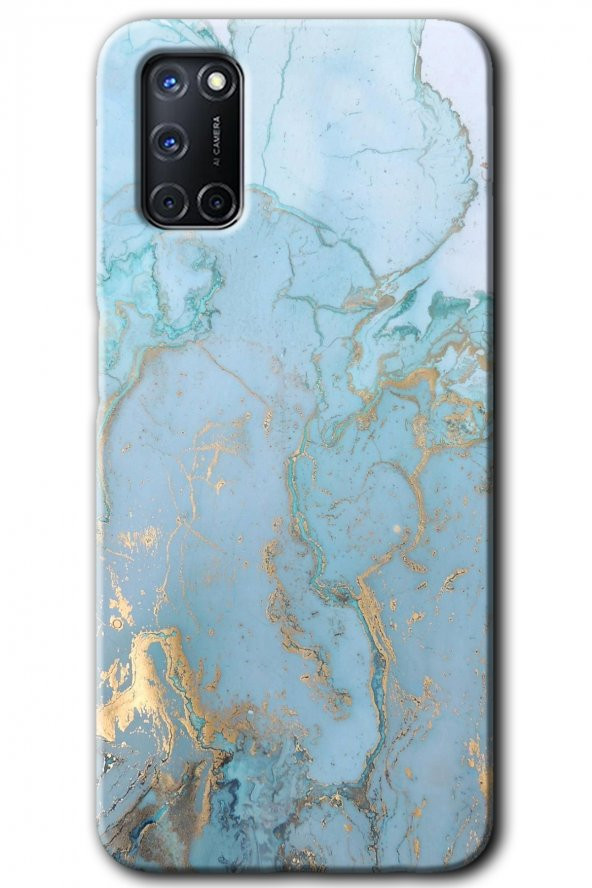Oppo A52 Kılıf HD Desen Baskılı Arka Kapak - Mavi Gold Mermer