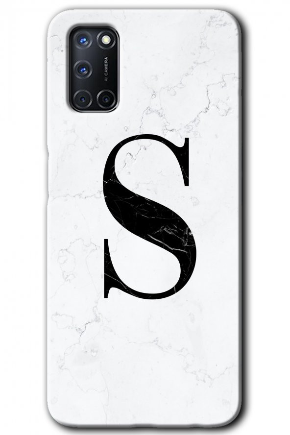 Oppo A52 Kılıf HD Desen Baskılı Arka Kapak - Beyaz Mermer Desenli S Harfi