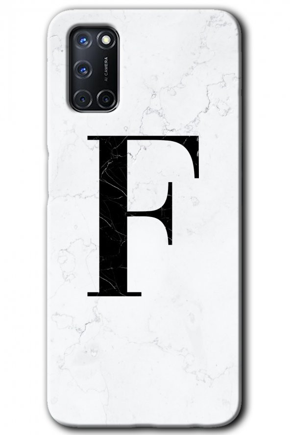 Oppo A52 Kılıf HD Desen Baskılı Arka Kapak - Beyaz Mermer Desenli F Harfi