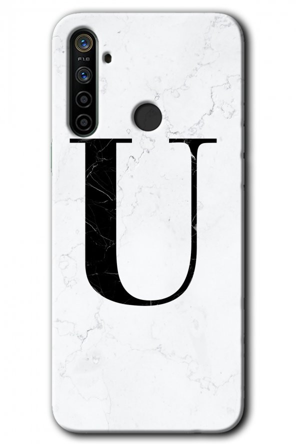Realme 6i Kılıf HD Desen Baskılı Arka Kapak - Beyaz Mermer Desenli U Harfi