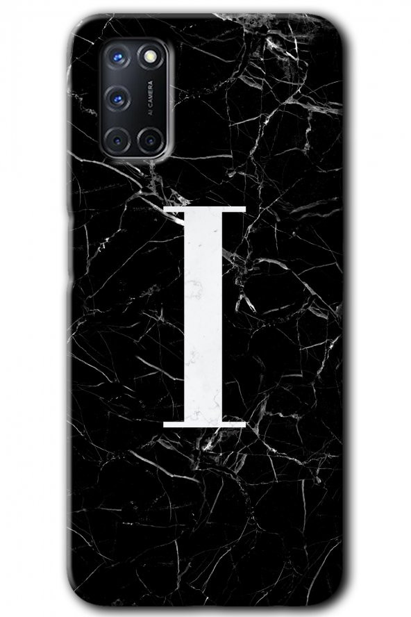 Oppo A52 Kılıf HD Desen Baskılı Arka Kapak - Siyah Mermer Desenli I Harfi
