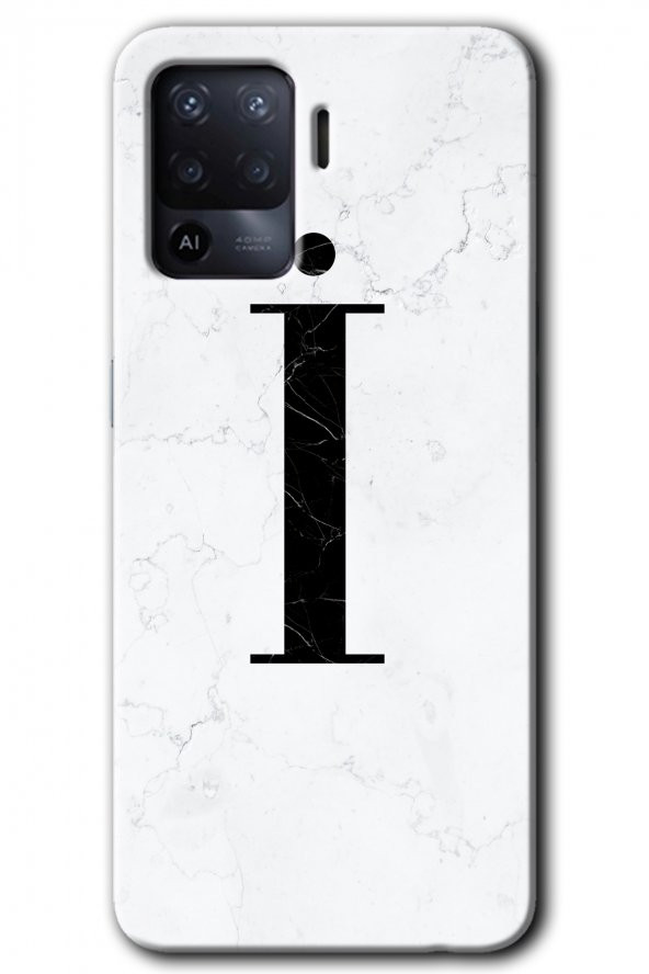 Oppo Reno 5 Lite Kılıf HD Desen Baskılı Arka Kapak - Beyaz Mermer Desenli İ Harfi - 1