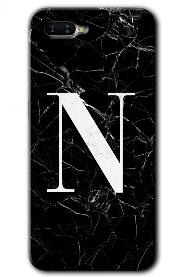 Oppo Rx 17 Neo Kılıf HD Desen Baskılı Arka Kapak - Siyah Mermer Desenli N Harfi