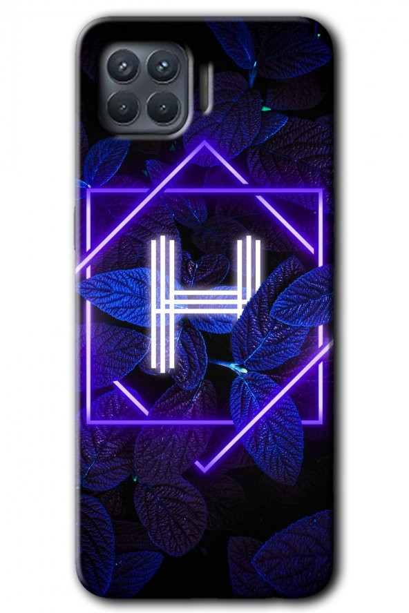 Oppo Reno 4 Lite Kılıf HD Desen Baskılı Arka Kapak - Dark Neon Yaprak H Harfi