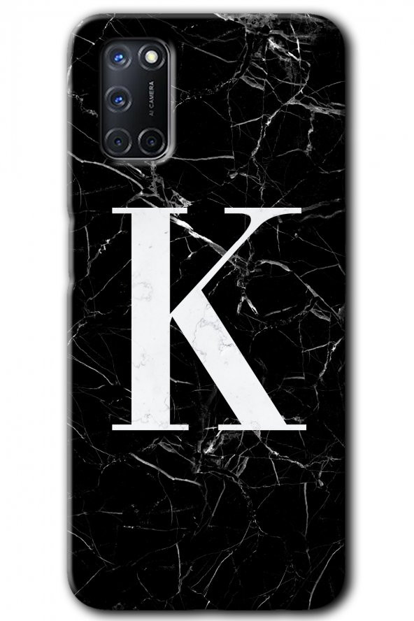 Oppo A52 Kılıf HD Desen Baskılı Arka Kapak - Siyah Mermer Desenli K Harfi