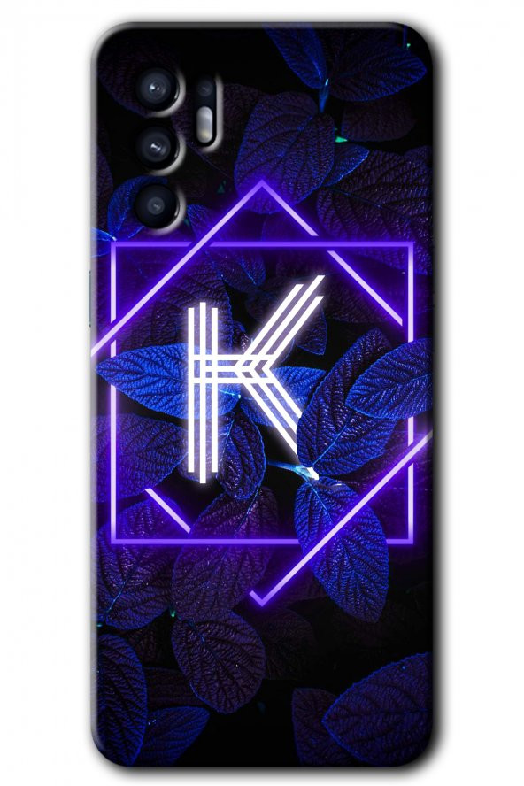 Oppo Reno 6 Kılıf HD Desen Baskılı Arka Kapak - Dark Neon Yaprak K Harfi