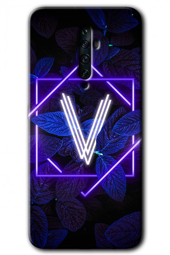 Oppo Reno 2z Kılıf HD Desen Baskılı Arka Kapak - Dark Neon Yaprak V Harfi - 1