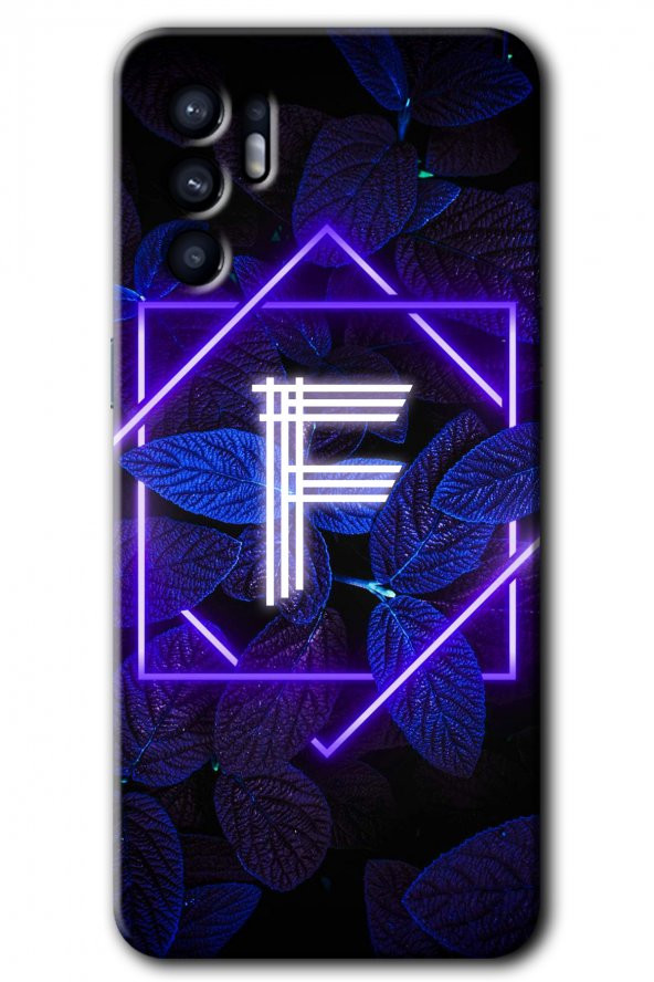 Oppo Reno 6 Kılıf HD Desen Baskılı Arka Kapak - Dark Neon Yaprak F Harfi - 1