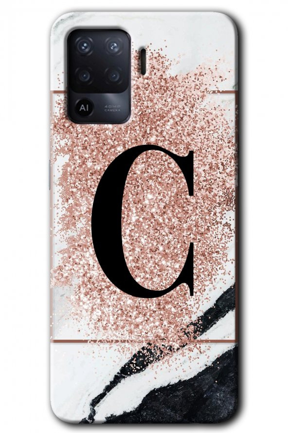 Oppo Reno 5 Lite Kılıf HD Desen Baskılı Arka Kapak - Pembe Mermer Desenli C Harfi - 1