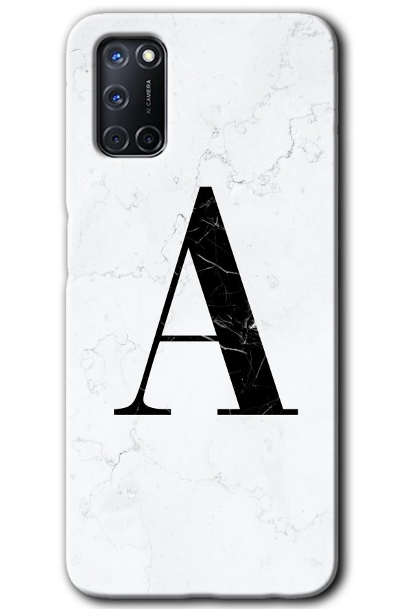 Oppo A52 Kılıf HD Desen Baskılı Arka Kapak - Beyaz Mermer Desenli A Harfi