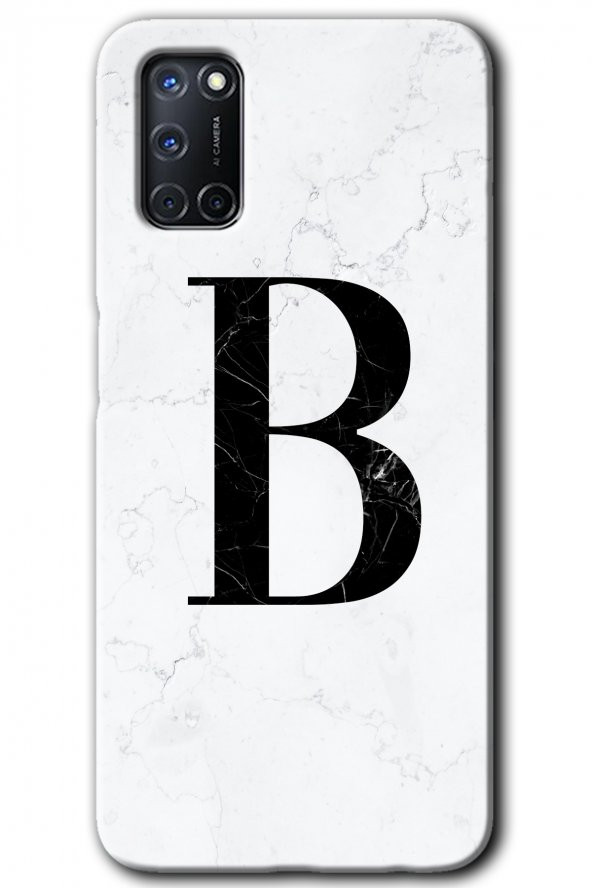 Oppo A52 Kılıf HD Desen Baskılı Arka Kapak - Beyaz Mermer Desenli B Harfi