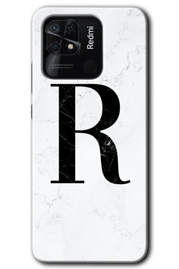 Redmi 10C Kılıf HD Desen Baskılı Arka Kapak - Beyaz Mermer Desenli R Harfi