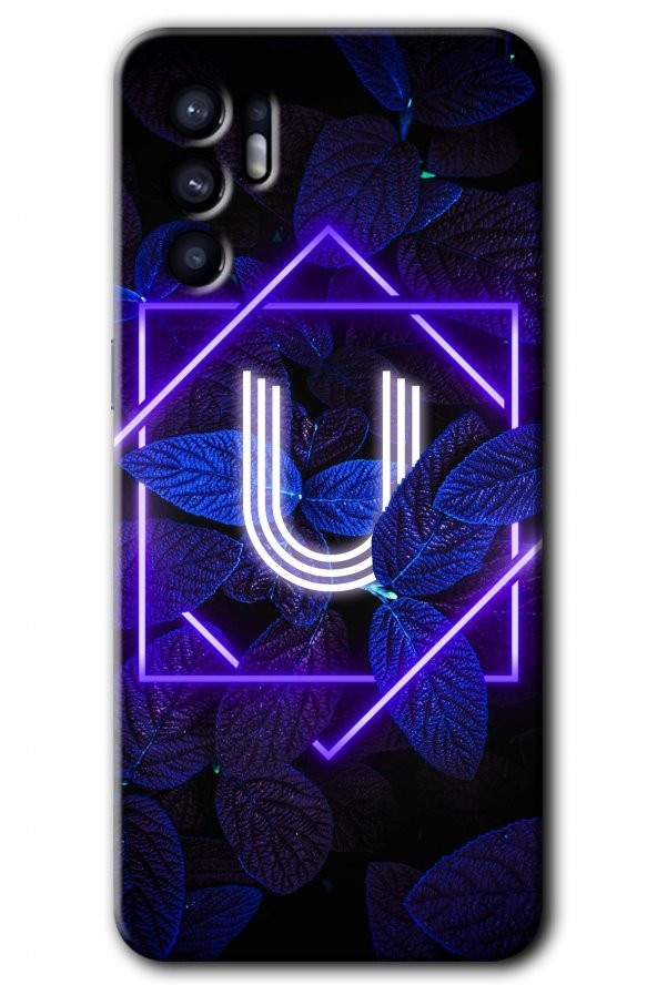Oppo Reno 6 Kılıf HD Desen Baskılı Arka Kapak - Dark Neon Yaprak U Harfi - 1