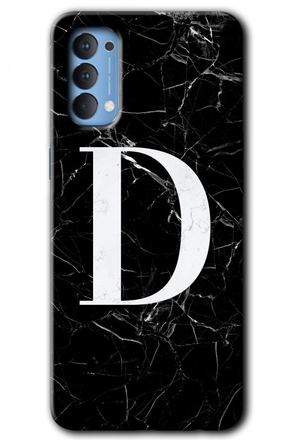 Oppo Reno 4 Kılıf HD Desen Baskılı Arka Kapak - Siyah Mermer Desenli D Harfi - 1