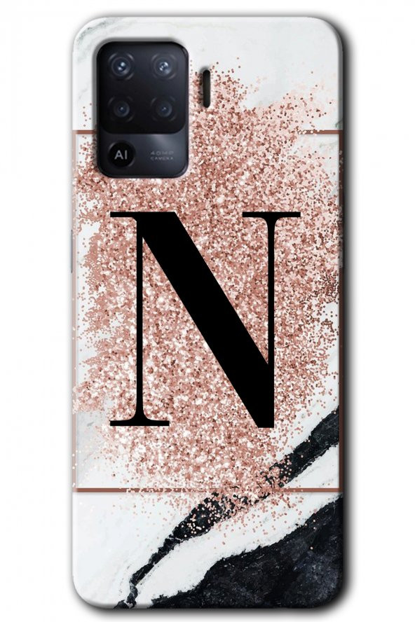 Oppo Reno 5 Lite Kılıf HD Desen Baskılı Arka Kapak - Pembe Mermer Desenli N Harfi - 1