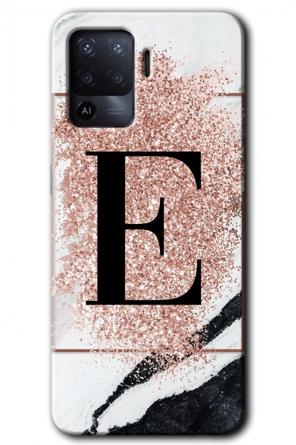 Oppo Reno 5 Lite Kılıf HD Desen Baskılı Arka Kapak - Pembe Mermer Desenli E Harfi - 1