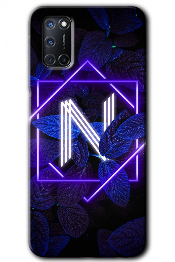 Oppo A52 Kılıf HD Desen Baskılı Arka Kapak - Dark Neon Yaprak N Harfi