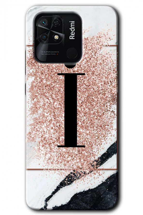 Redmi 10C Kılıf HD Desen Baskılı Arka Kapak - Pembe Mermer Desenli İ Harfi